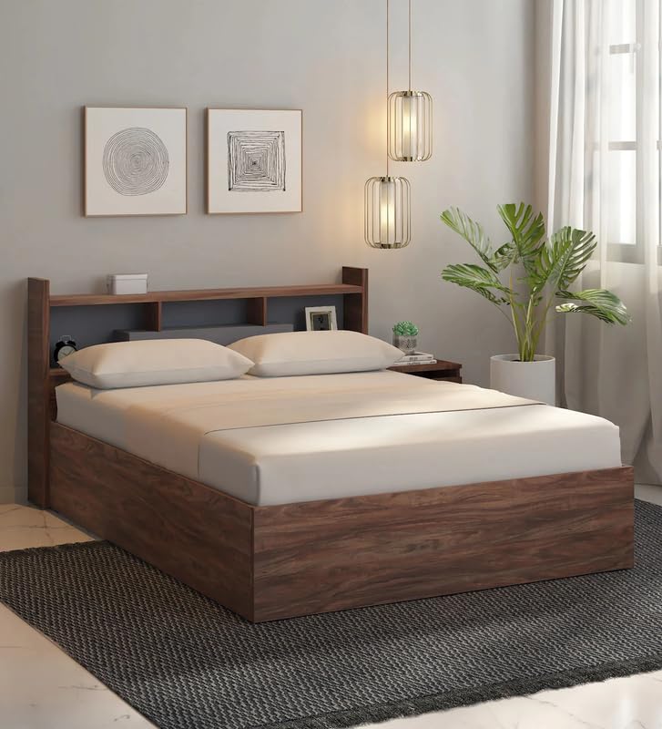 Image of Mintwud Pepperfry Engineered Wood Queen Size Bed with Box Storage | Wooden Double Bed Cot Palang Furniture with Headboard for Home Bedroom Living Room and Hotel (Natural Walnut Finish)