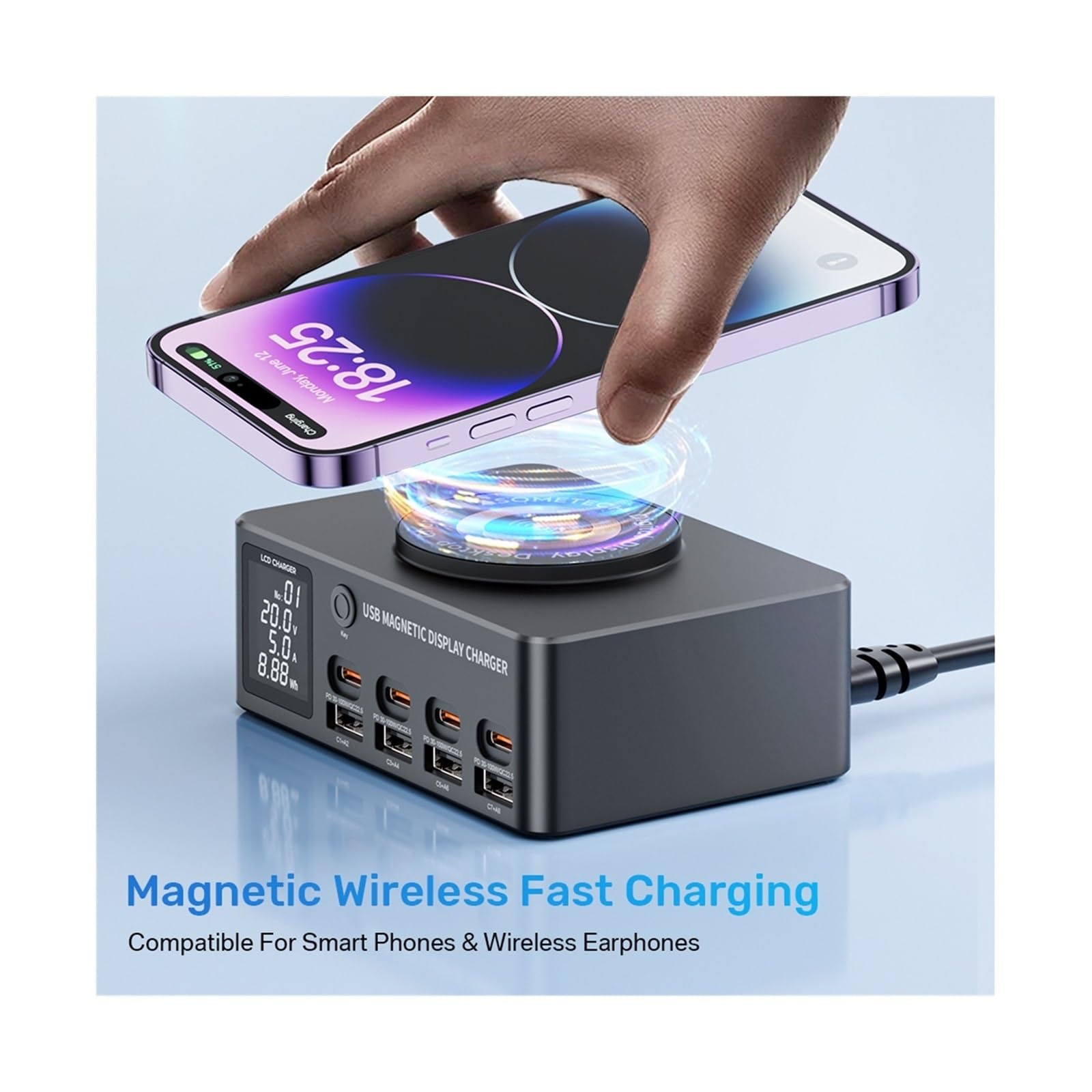 Caricatore USB C, Caricabatterie wireless con stazione di ricarica rapida multi USB-C da 140 W con display LED PD QC 3.0 Ricarica rapida, Veloce, Efficiente e Versatile(With 100w 1m cable)