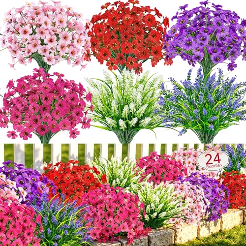 Der Rose 24 Bundles Artificial Flowers for Outdoors Fake Spring Flowers Plants UV Resistant for Home Garden Porch Window Wedding Decor Multi-color a