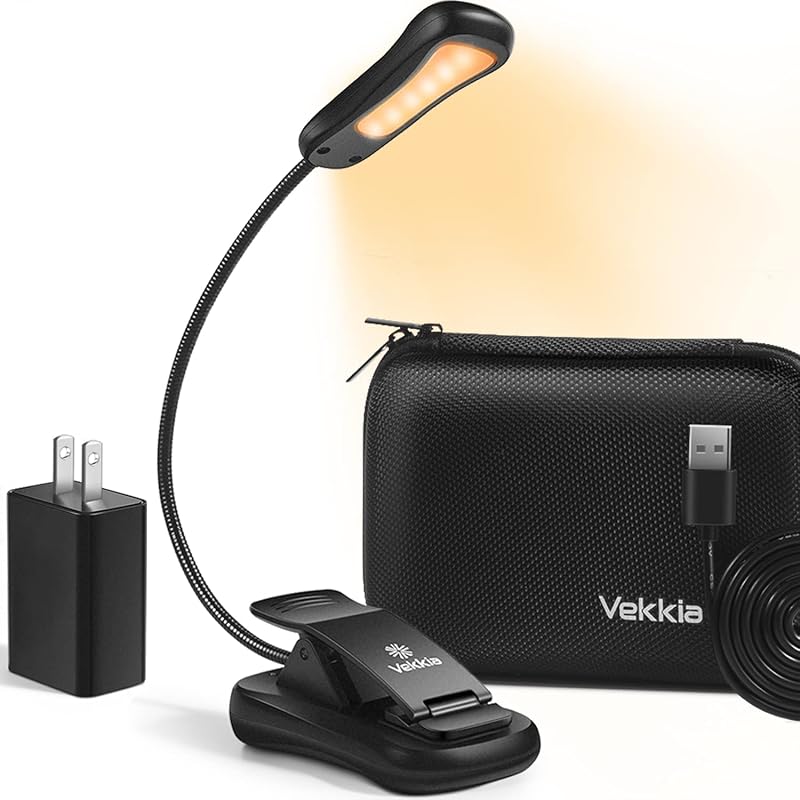 Vekkia Book Light Set with Charger, Clip on Reading Light in Bed | 3 Brightness,Up to 60 Hrs, Rechargeable,Eye-Care Warm LED for Read Before Bed (Incl Travel Case, Cable)