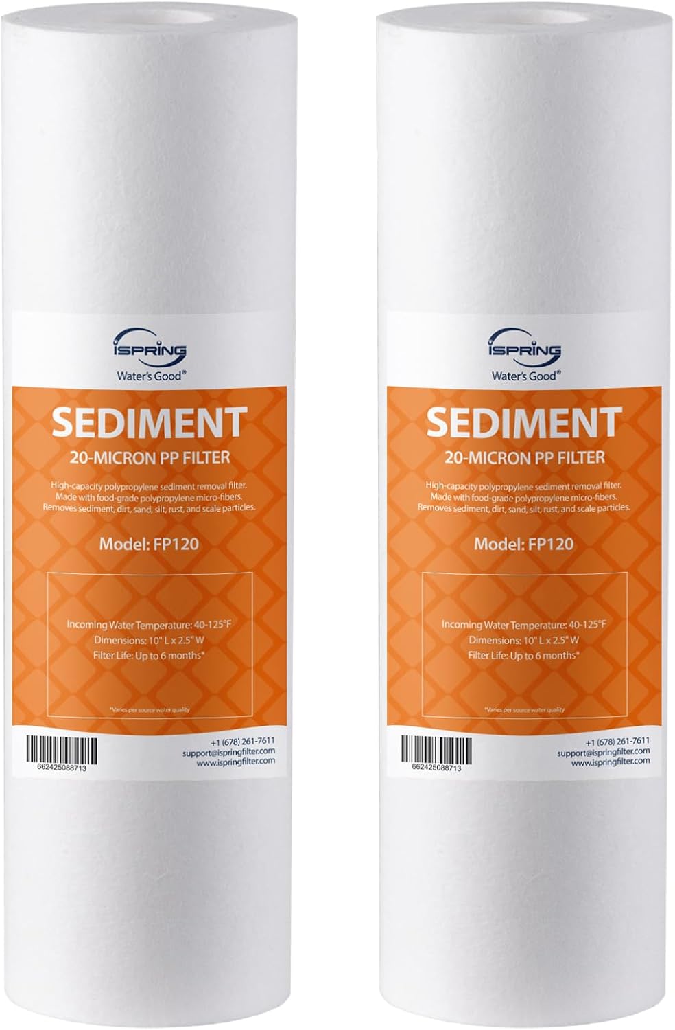 iSpring FP120X2 10"x2.5" Universal Sediment Water Filter Replacement Cartridges, 20 Micron Multi-layer Sediment Filter, 2 Pack