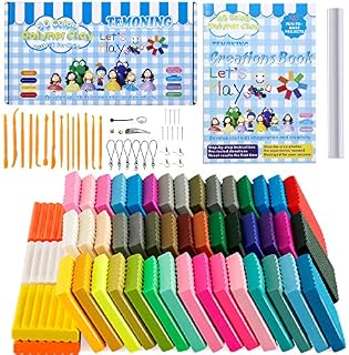 Polymer Clay Starter Kit, 50 Colors Oven-Bake Clay, 33 Models Creations Book, Rolling