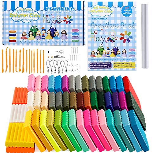 Polymer Clay Starter Kit, 50 Colors Oven-Bake Clay, 33 Models Creations Book, Rolling