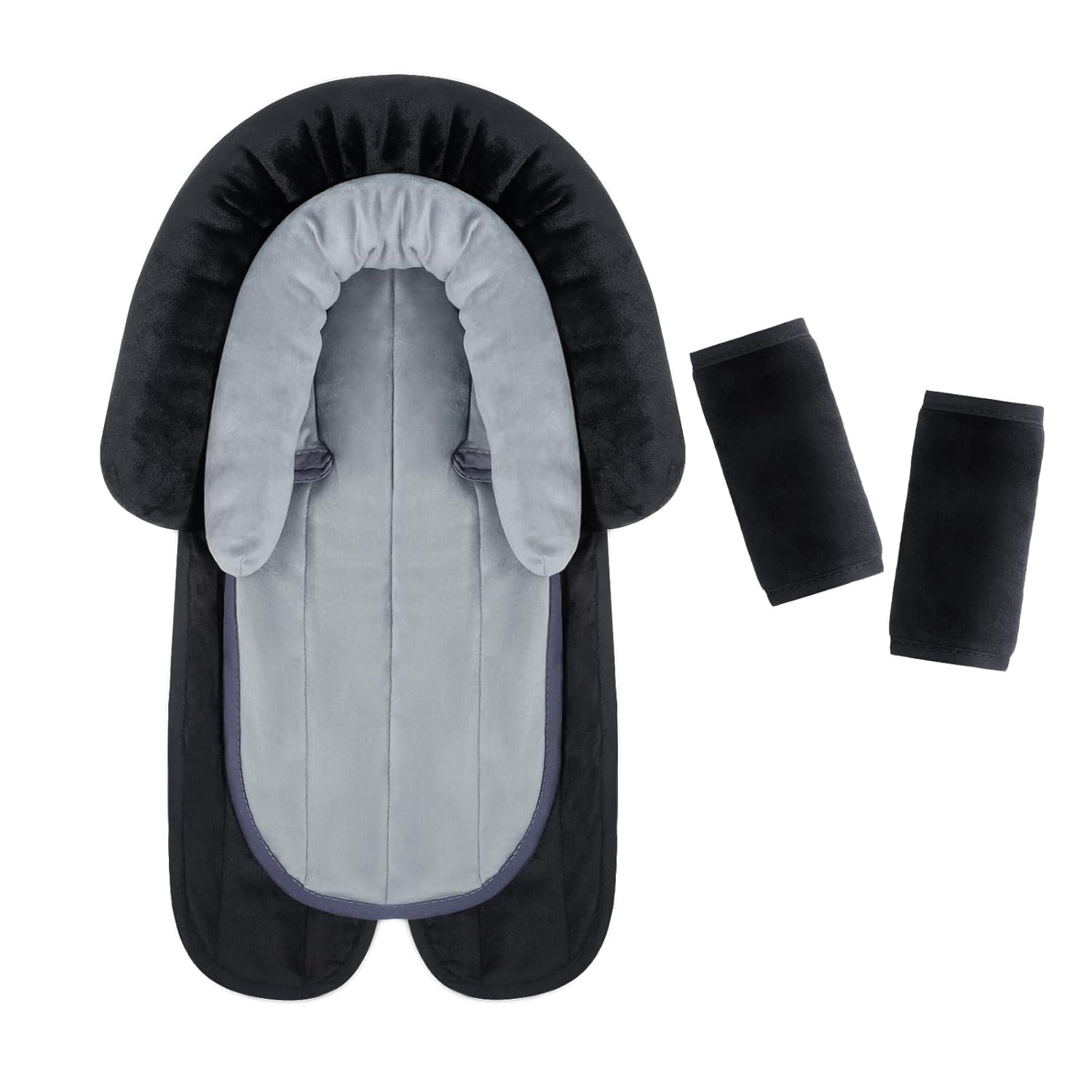 INFANZIA 2-in-1 Baby Sitzverkleinerer mit Gurtpolster Universal für alle Kinderwagen Buggy, Neugeborenen Einsatz, Kopfstütze für Babyschale und Autositze, Extra Weich(Schwarzes Set - Kurzflor)