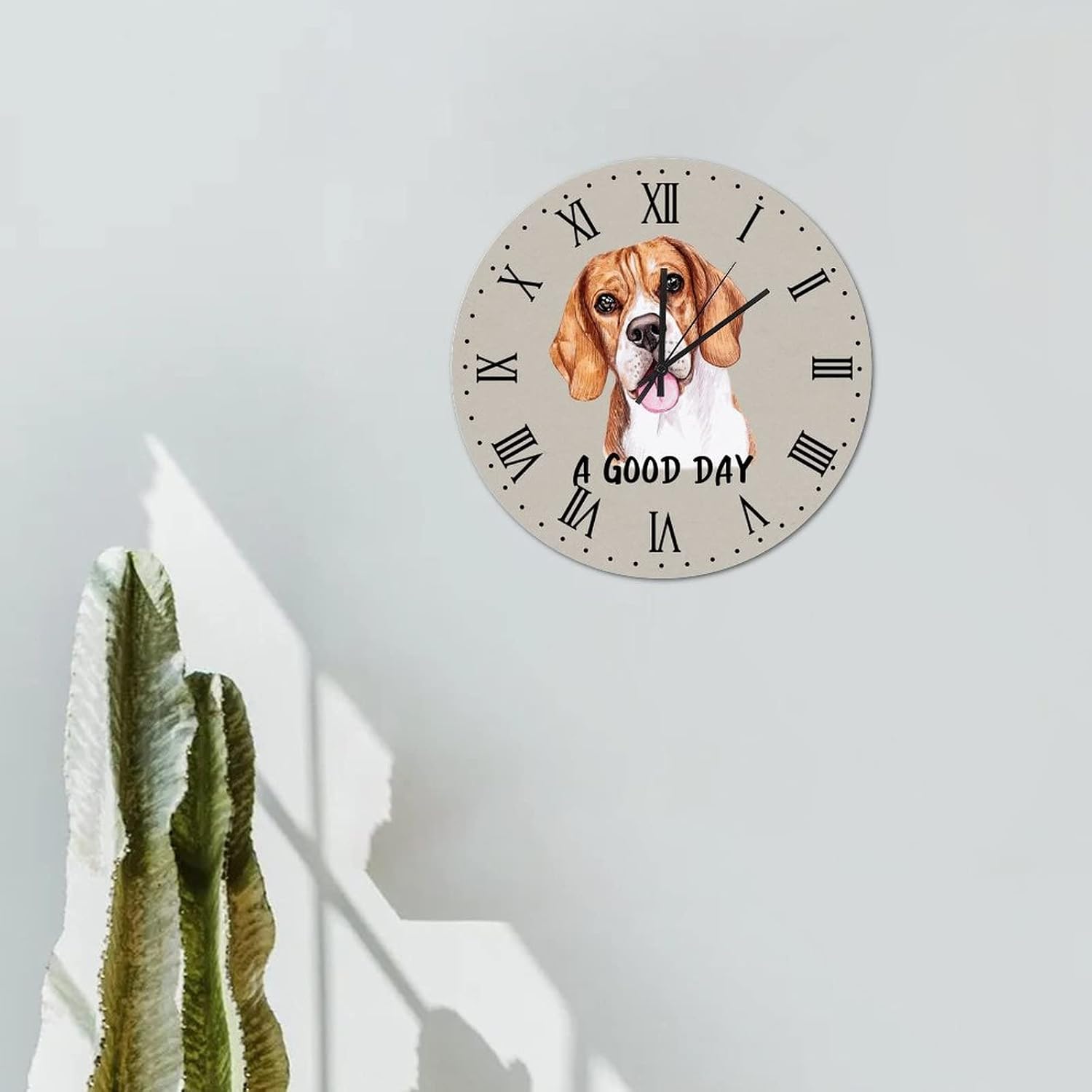 Hanging Clock 12in Dog Beagle A Good Day Wooden Clock Funny Pet Animal Marine Style Battery Operated Whisper Quiet Mid Century Theme Art for Mantel Sewing Room Residence Travel Trailer