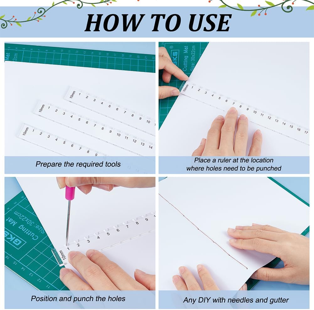 BENECREAT 3 Pcs Flat Punch Tool for Bookbinding, Acrylic Clear Ruler, Measuring Tool for Hole Punchings, Scrapbooking, Notebooking, DIY Making, 6.7/8.6/12.6 Inch