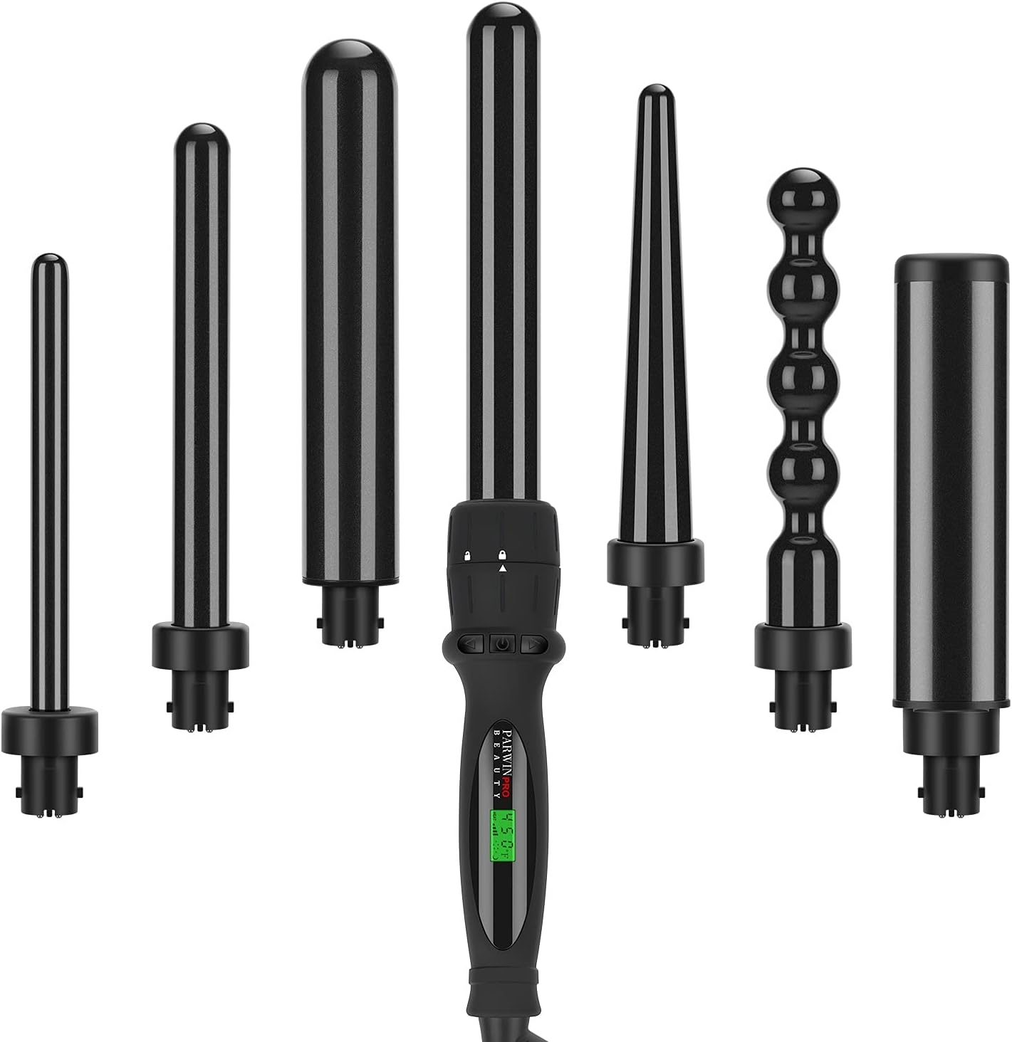 PARWIN PRO BEAUTY Curling Iron Set 7 in 1 Interchangeable Barrels Dual Voltage Hair Curler LCD Display Tourmaline Ceramic Curling Iron with Heat Resistant Glove, Black 7 Sizes - Standard