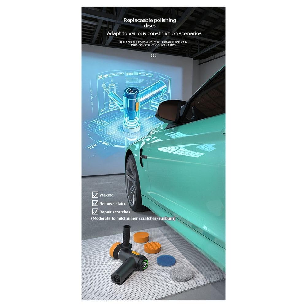 Kit de Pulidora de Coche Inalámbrica, Kit de Encerado de Coche Portátil, Batería Recargable USB-C de 2000mAh con 3 Discos Adicionales.