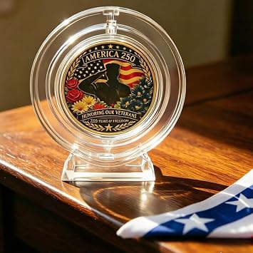USA 250th Anniversary Commemorative Coin, Soldier Salute & Bald Eagle Patriotic Coin with Rotating Acrylic Display, Veteran Patriot Gift