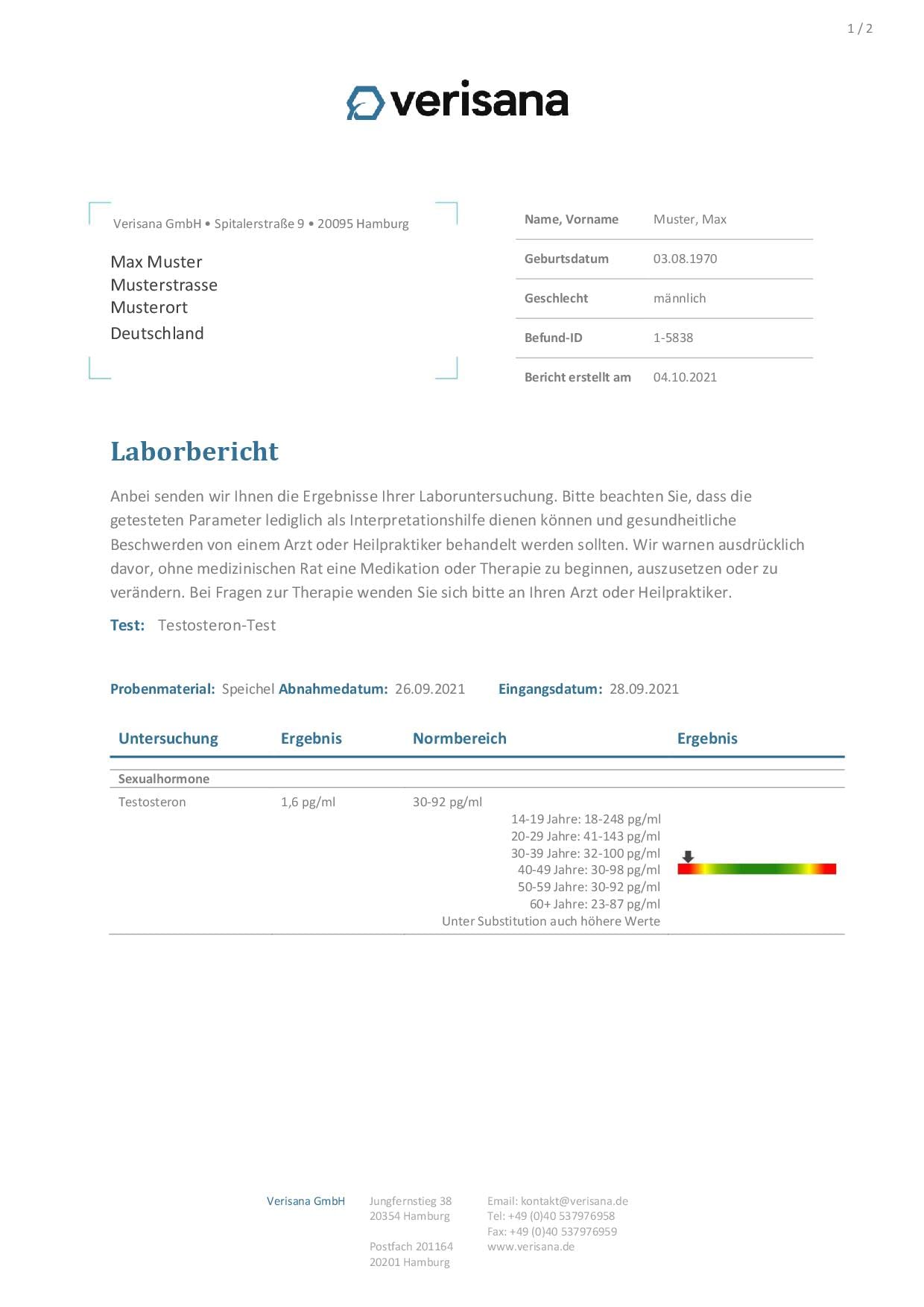 Testosteron Test | Labortest bei Testosteronmangel oder -erhöhung | Gut geeignet als Hormontest (Speichel) beim Muskelaufbau und Krafttraining | Verisana