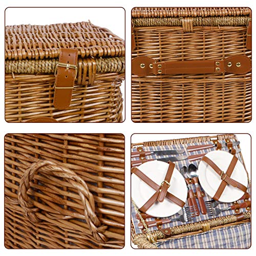 Arkmiido Handgefertigtes 4 Personen Weidenkorb Picknickkorb Besteck-Inklusive Edelstahlbesteck，Wein Gläser, Teller für Picknicks，mit Seitenriemen Griff zum einfachen Tragen - 2
