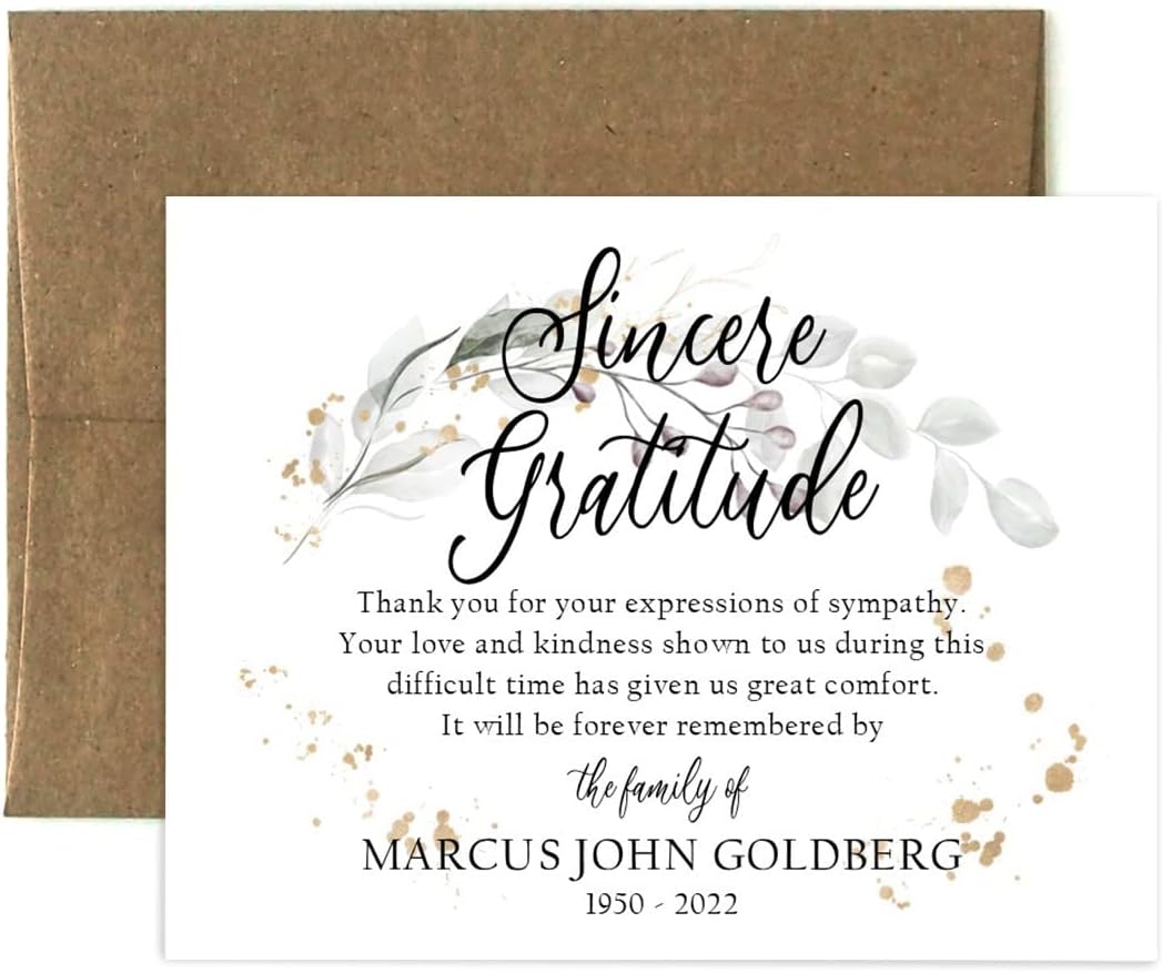 Personalized Funeral Acknowledgement Cards - Greenery Gold Dust - Sympathy Thank You Bereavement Note Cards - Eco Friendly