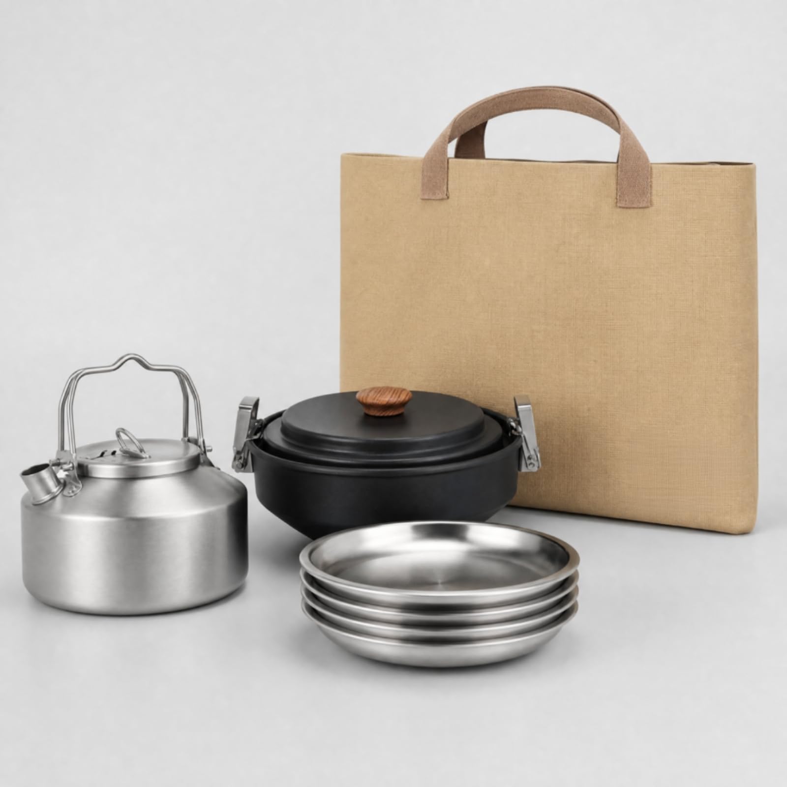 6 Pezzi Set di Pentole da Campeggio con Borsa Leggero Set di Pentole da Campeggio in Acciaio Inox per Escursionismo,
