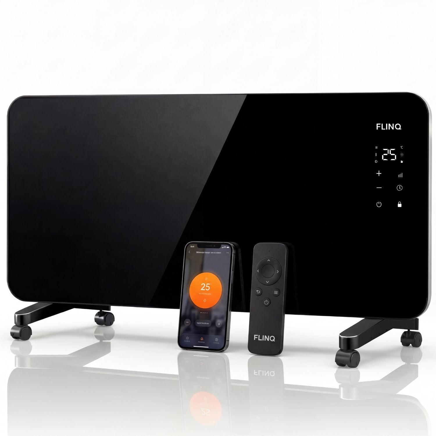 FlinQ Smart Konvektor Heizung 2000W - 96 x 46 x 13 cm - Schwarz | Glaskonvektor Mit App Steuerbar - Beheizt bis zu 60m3 - Mobile Heizung Elektrisch