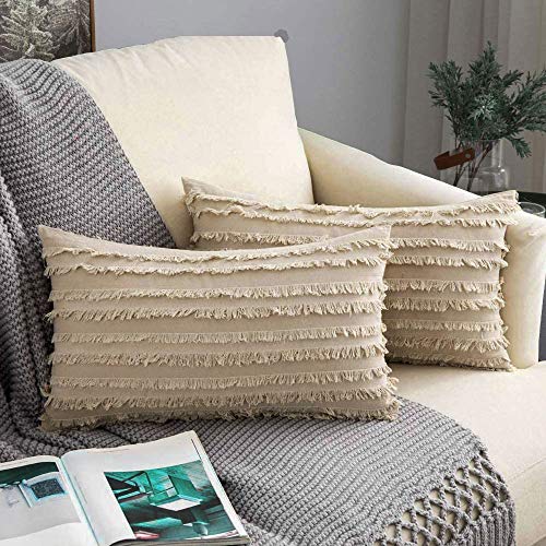 Luxton Set of 2, Khaki Oblong Tassels Throw Pillow Covers 12x20, Cotton Linen Striped Boho Rectangle Cushion Covers Set for Home Decor, 12x20 inch 30x50 cm