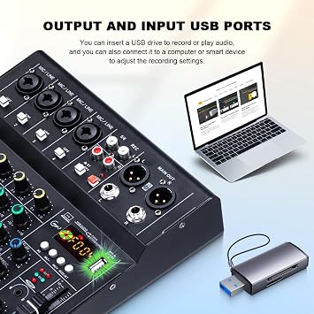 Bluetooth付き6チャンネルオーディオミキサー、16DSPエフェクト、48Vファントムパワー、USB/MP3再生 - ポッドキャスト、ライブストリーミング、カラオケ、ホームスタジオ録音用のプロフェッショナルサウンドボードミキシングコンソール