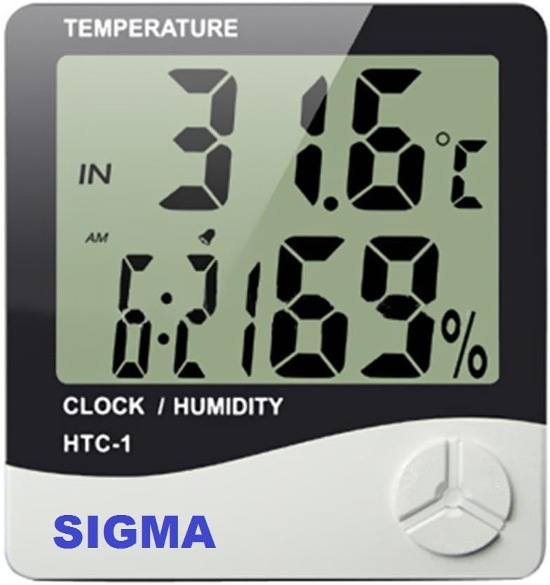 SIGMA Make Digital Temperature Humidity Time Display Meter with Alarm Clock, Wall Mount or Table Top, with inbuilt sensor