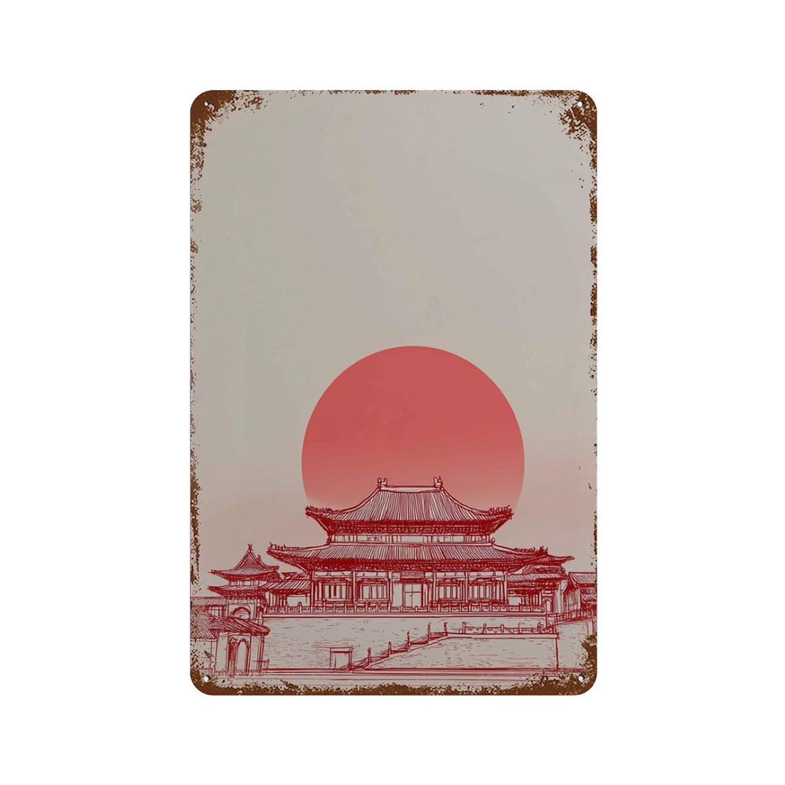 xiaoxiaoshen Asian Temple Red Sun Minimalist Japanese Chinese Architecture Zen Line Drawing W Wall Decor Art Metal Tin Poster Modern Home Decor Art Home Bar Shop Decorations Vintage Sign 30x20cm