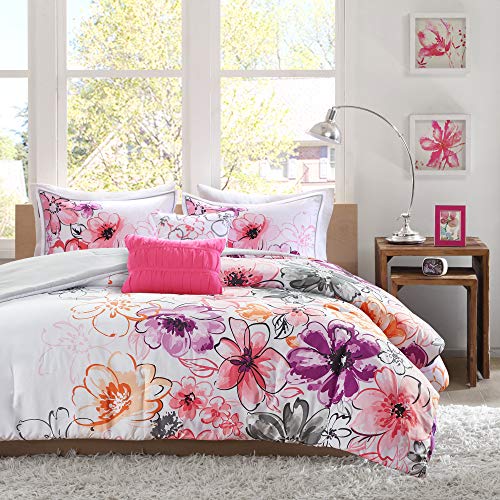 New Arrivals Intelligent Design Comforter Set Vibrant Floral Design, Teen Bedding for Girls Bedroom, Mathcing Sham, Decorative Pillow, Twin/Twin X-Large, Olivia Pink 4 Piece (ID10-166)