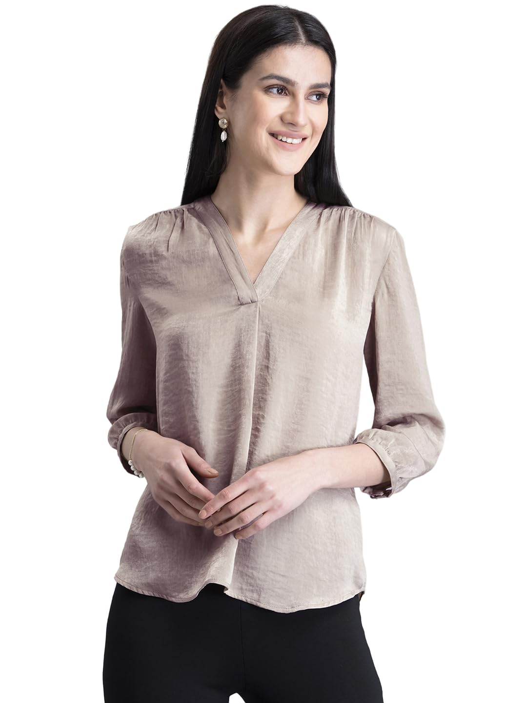 fablestreet Women's Satin Self-Design 3/4thsleeve Regular Fit Top (TP503BEGE)-picture-57