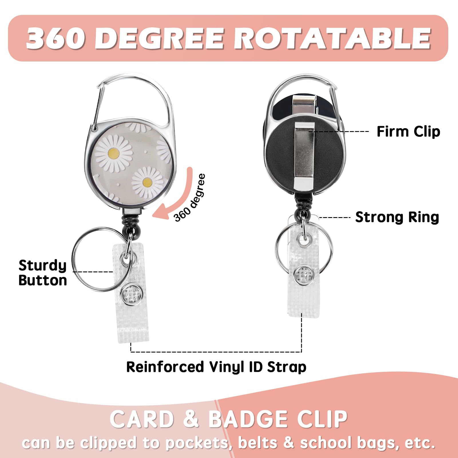 ID Badge Holder with Detachable Lanyard, Retractable Badge Reel, Removable ID Tag Clip, Neck Lanyard (Daisies Light Pink) - Image 3