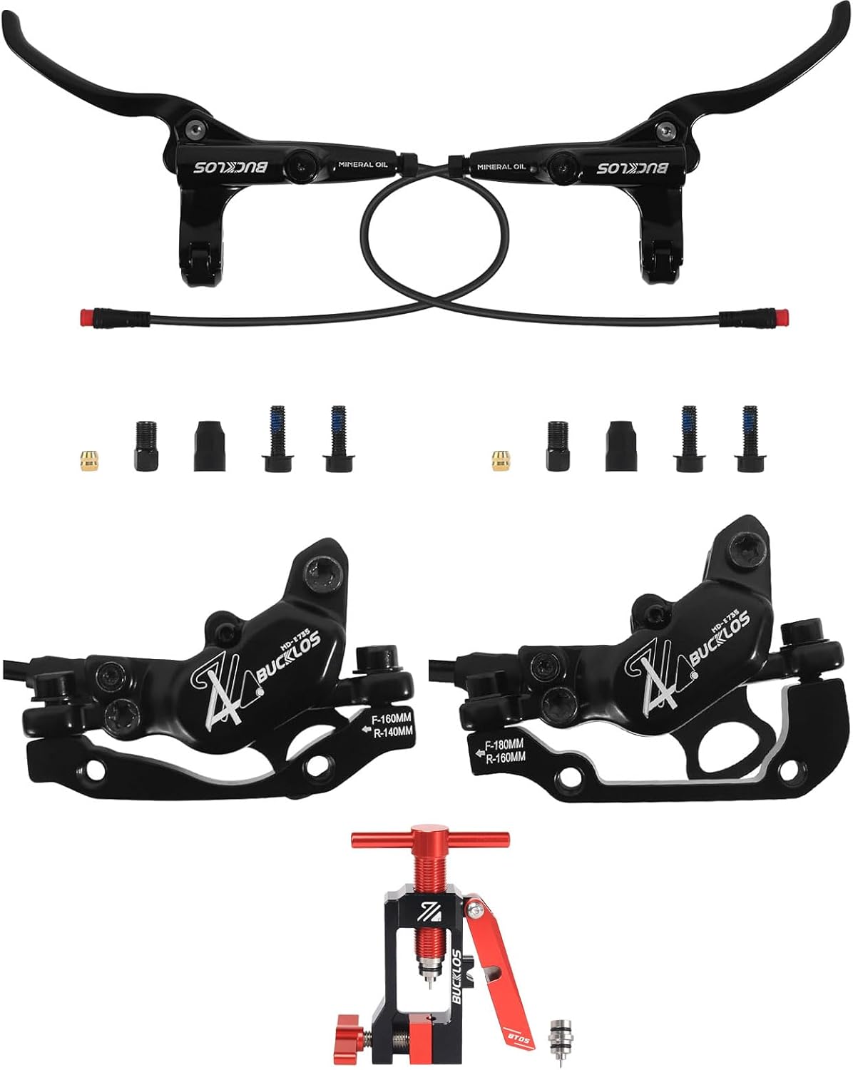 BUCKLOS HD-E735 2-PIN 4 Pistons E-Bike Electric Power Off Hydraulic Disc Brake Set and 2 in 1 Needle Driver Insertion Tool