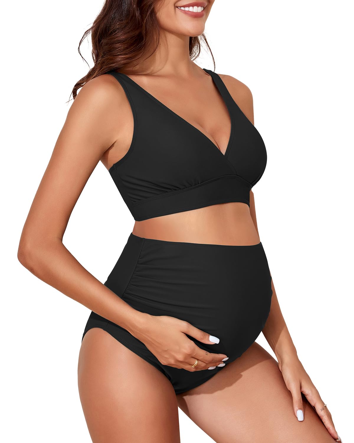 Maternity Swimsuit Bikini Set High Waisted Pregnancy Bathing Suits V Neck Push Up Two Piece Swimwear-image-39