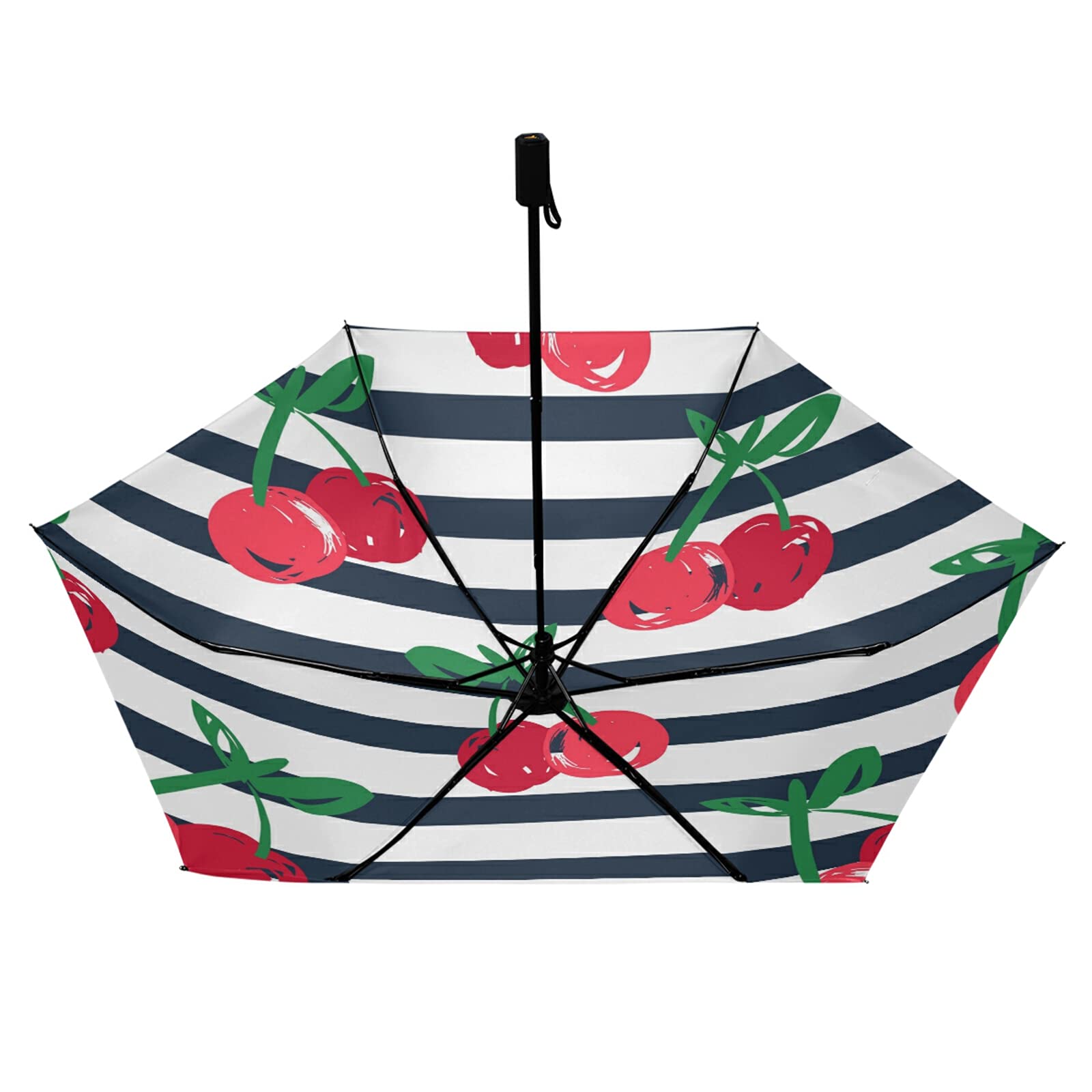 Poeticcity White,Green,Red,Black Seamless Red Cherries With Green Leaves On Black White Stripes Compact Lightweight Folding Umbrella, Inner Print Sun Parasol With Uv Protection, Strong Portable Travel Rain Umbrella