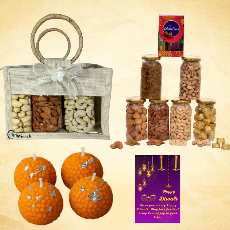 Image of NUTRI MIRACLE Diwali Dry Fruits Nuts Chocolates Laddu Candles Hamper for Friends & Family
