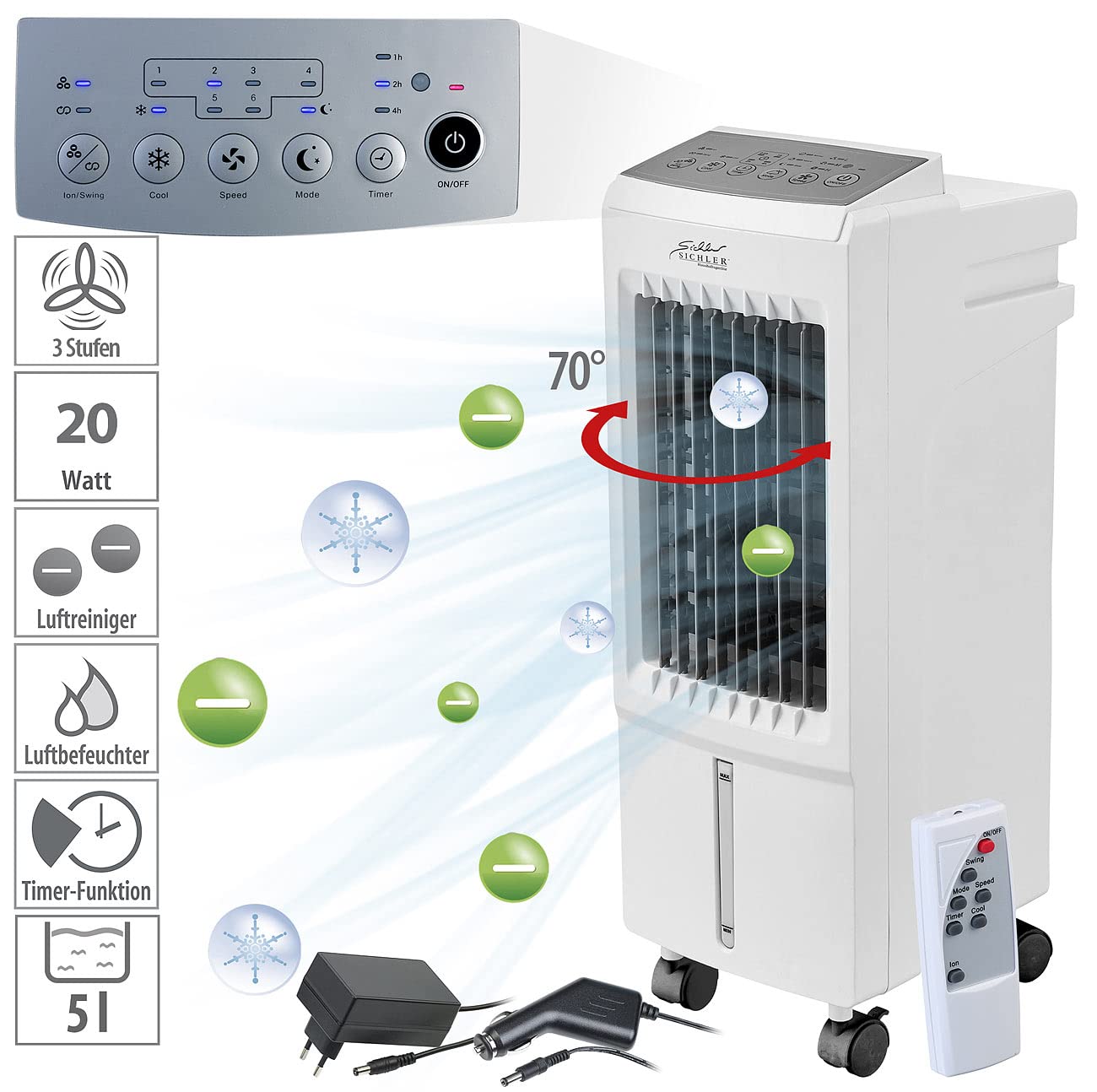 Sichler Haushaltsgeräte Verdunstungs Luftkühler: 3in1-Luftkühler, Luftbefeuchter, Ionisator, 12/230V, 5l, 20W, 250ml/h (mit Wasserkühlung, Klimaanlage Zigarettenanzünder, 12V)