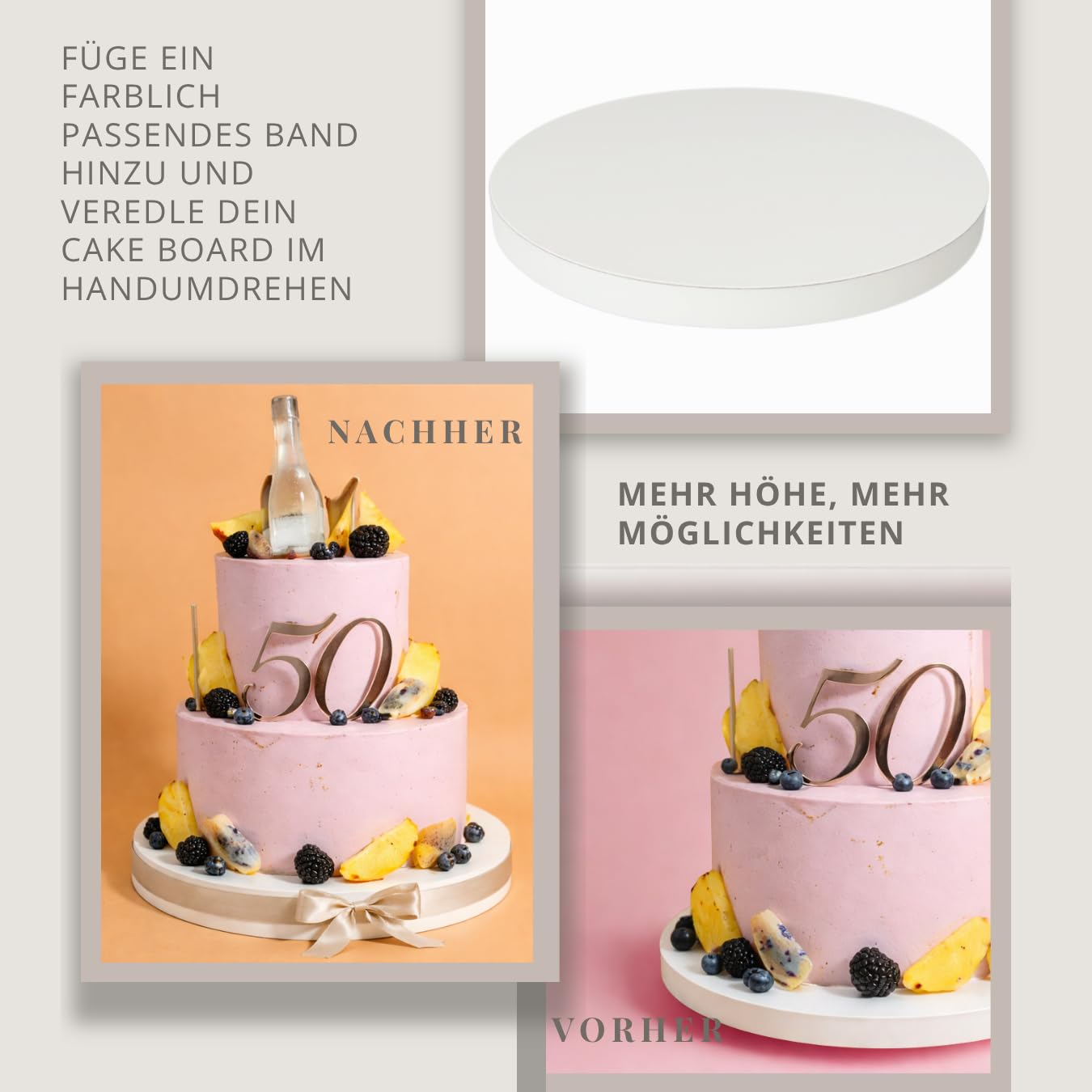 Cake Board aus Styrodur Ø 40 cm, stabil, leicht, 2,3cm hoch, extra hoch für Dekobänder