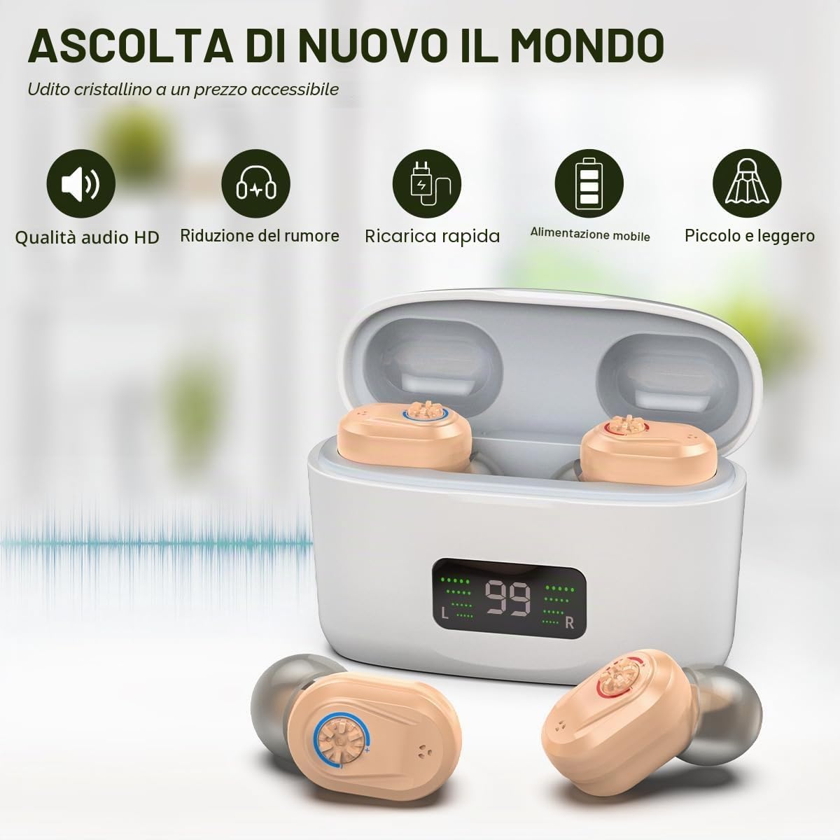 Amplificatore acustico digitale - Amplificatore audio per migliorare l'udito personale con una durata di oltre 500 ore, include un dispositivo destro e sinistro (rosso e blu)