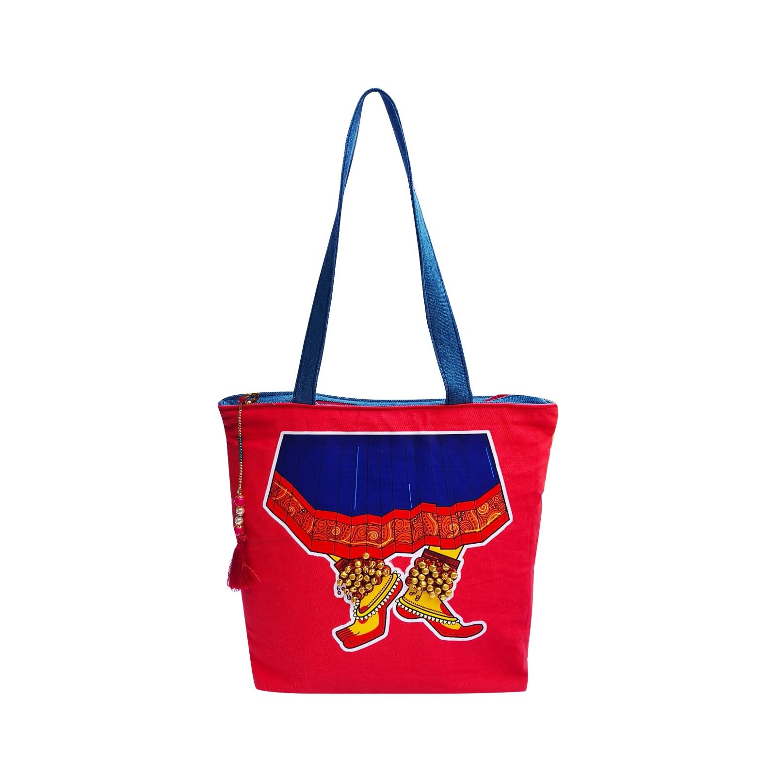 The Purani JeansHand-Printed Tote Bag with Classical Design–Reusable, Zipper Closure For Women & Girls