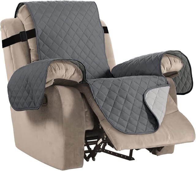 BellaHills Reversible Quilted Recliner Covers Water Resistant Furniture Protector for Recliner Chair with Elastic Straps for Pets Kids Sitting Width Up to 22" (Recliner, Grey/Beige)