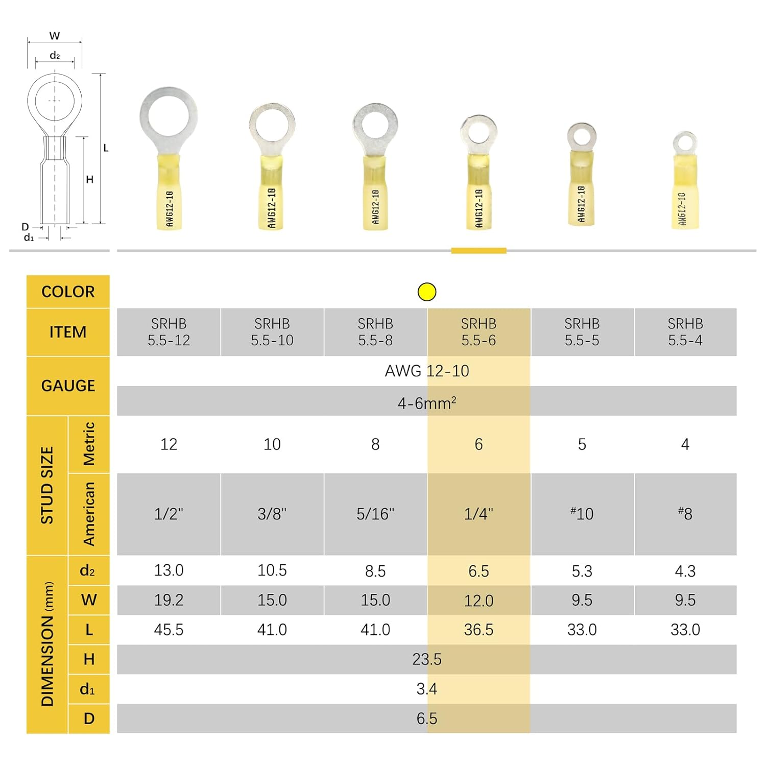 Sanuke 50pcs Cable Connectors, 12-10 AWG Yellow 1/4" Heat Shrink Ring Terminals - Waterproof and Insulated Tinned Copper Wire Connectors - Marine Grade Terminal Connectors