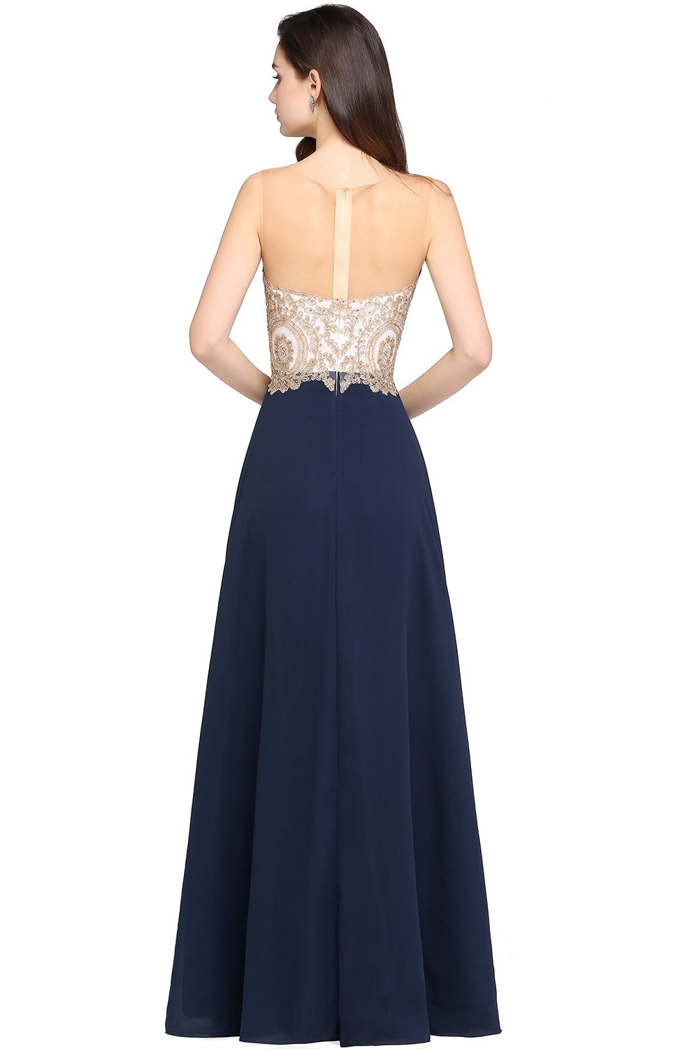 Misshow - Vestito da sera chic lungo con applique floreale traforata in mussola