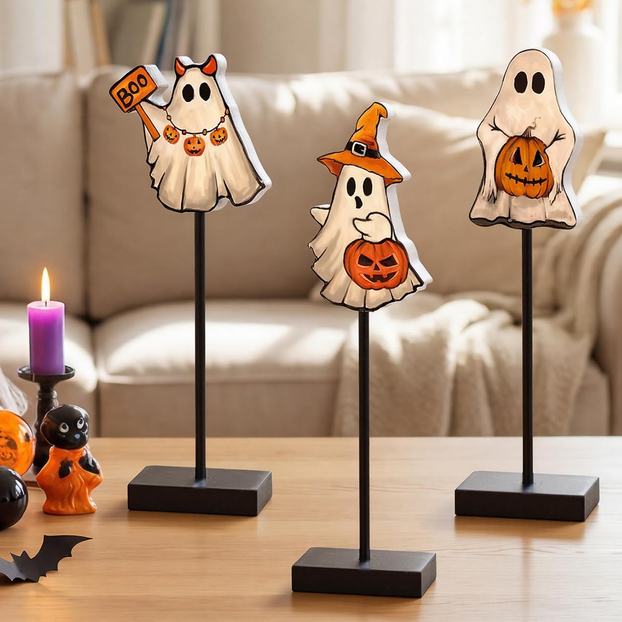Smile Halloween Wooden Block Sign Decor Cute Ghost Pattern Tabletop Signs