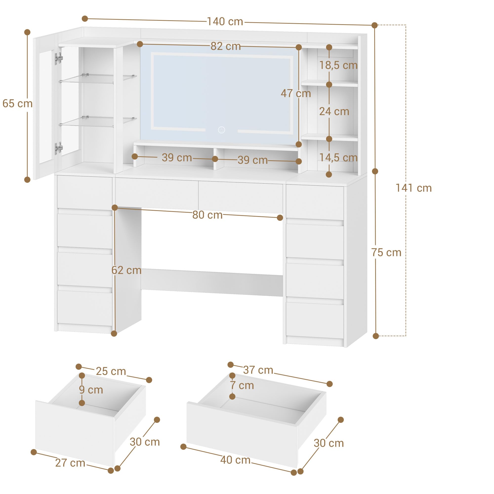 Hzuaneri 140 cm Toeletta Trucco, Postazione Trucco con Grande Specchio HD, Striscia Luminosa RGB, 10 Cassetti, 9 Scaffale Portaoggetti, per Camera da Letto, Ufficio, Bianco 1150003XEU