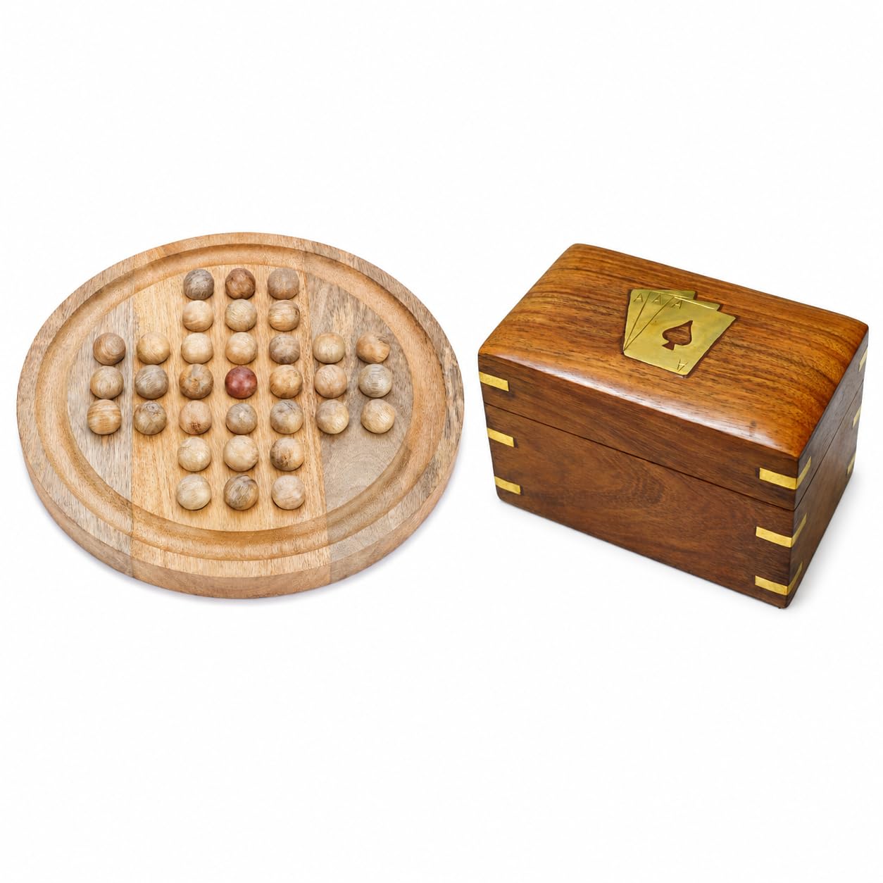 Ajuny Set de 2 Jeux en Bois, Solitaire Plateau Fait Main avec Chevilles et Boîte à Cartes As en Laiton avec 2 Paquets Inclus, Poker Bridge, Jeux Table, Casse-Tête Stratégie Cadeau Homme Femme Enfants