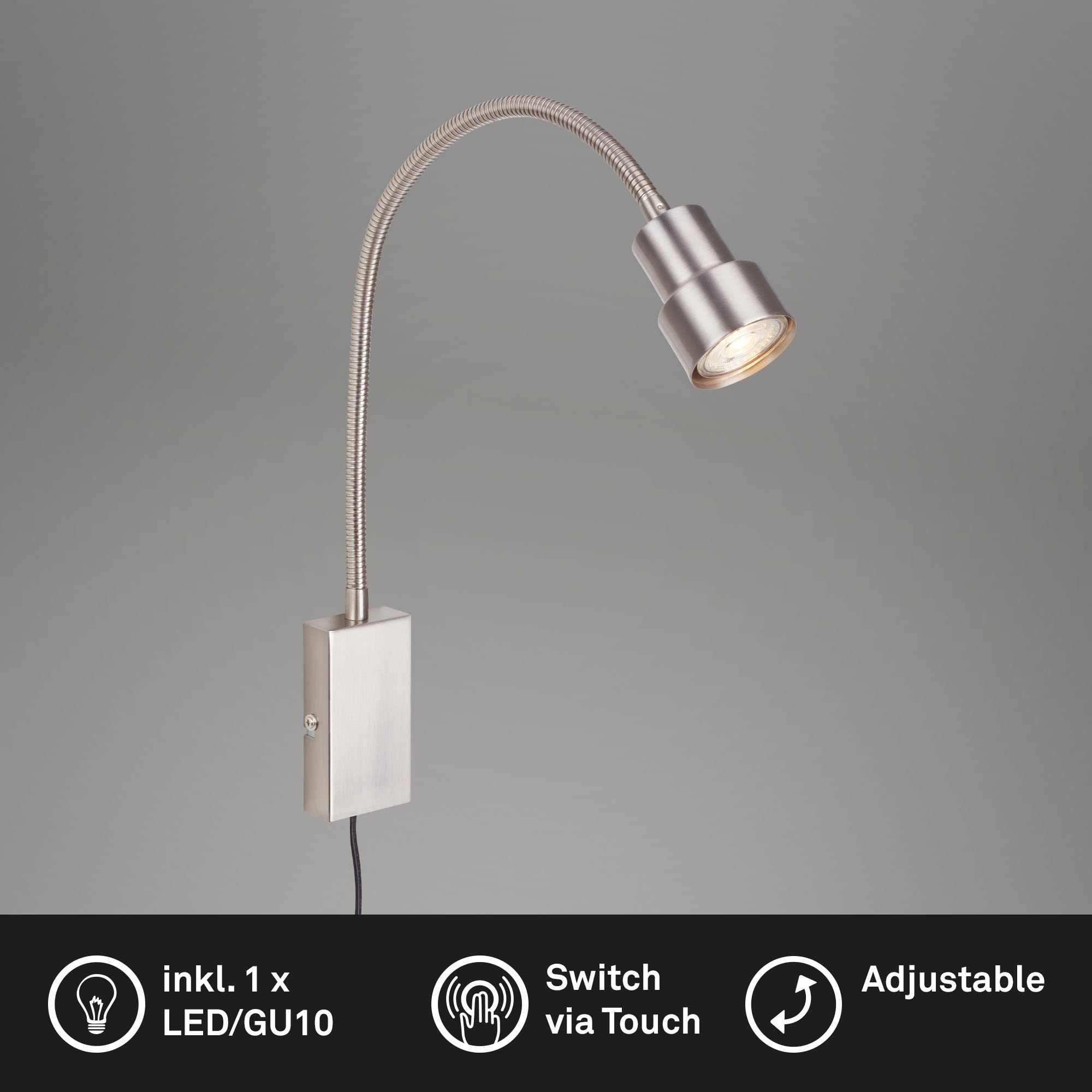 BRILONER Leuchten - Bettleuchte, Wandleuchte, Leselampe inkl. Flexarm, An-/Ausschalter via Touchfunktion, 1x LED/GU10, 5 Watt, 400 Lumen, 3.000 Kelvin, Metall, Matt-Nickel, 2085-012