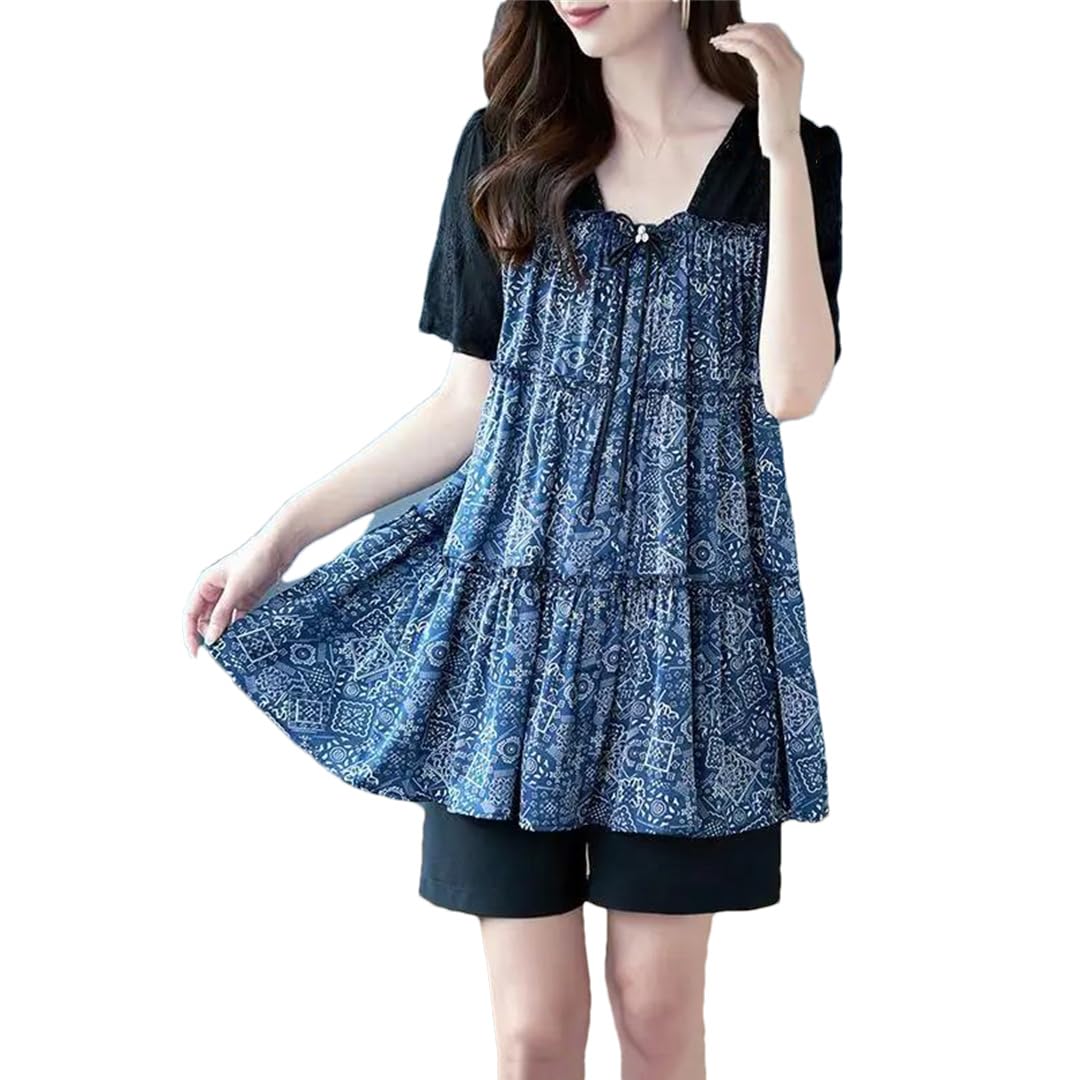 Camicette da donna vintage stampate con fiocco impiombato finto due pezzi camicette floreali estate sciolto casual top