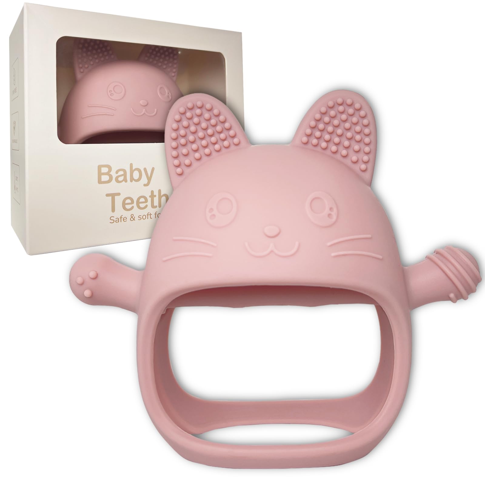 Baby Teether Toys, Teethers for Babies 3-6 Months, BPA Free, Anti Dropping, Baby Teething Toys, Teething Mitten, Hand Teethers Baby Chew Toys for Sucking Needs, Teething Relief, Pink Cat