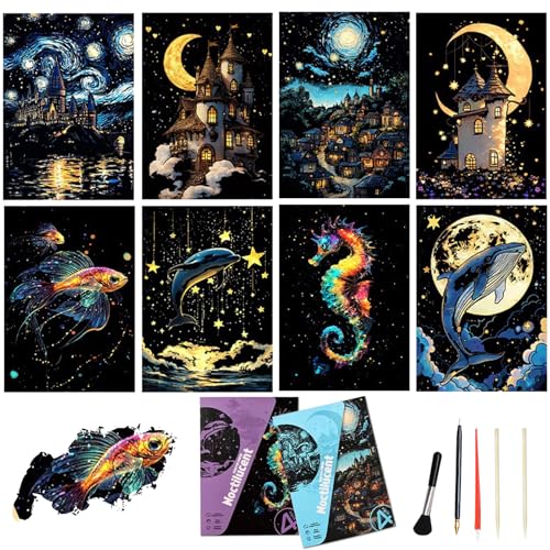8 Sheets Scratch Art Adult Noctilucent Rainbow Scratch Paper Notebook Paint by Scratch Kit for Arts and Crafts Gift with Scratch Art Tools Starry Night