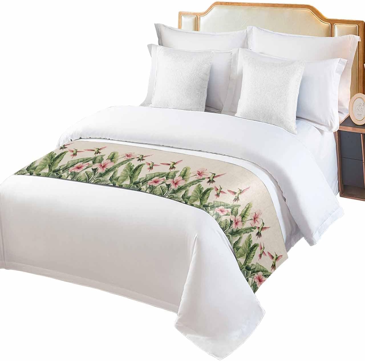 Summer Hummingbird Floral Leaf Bed Runners for Bedroom Hotel,Decorative Bedding Scarf Watercolor Retro Linen Plants Bed End Blanket Bedding Runner Scarves for Queen Size Bed,94x20in