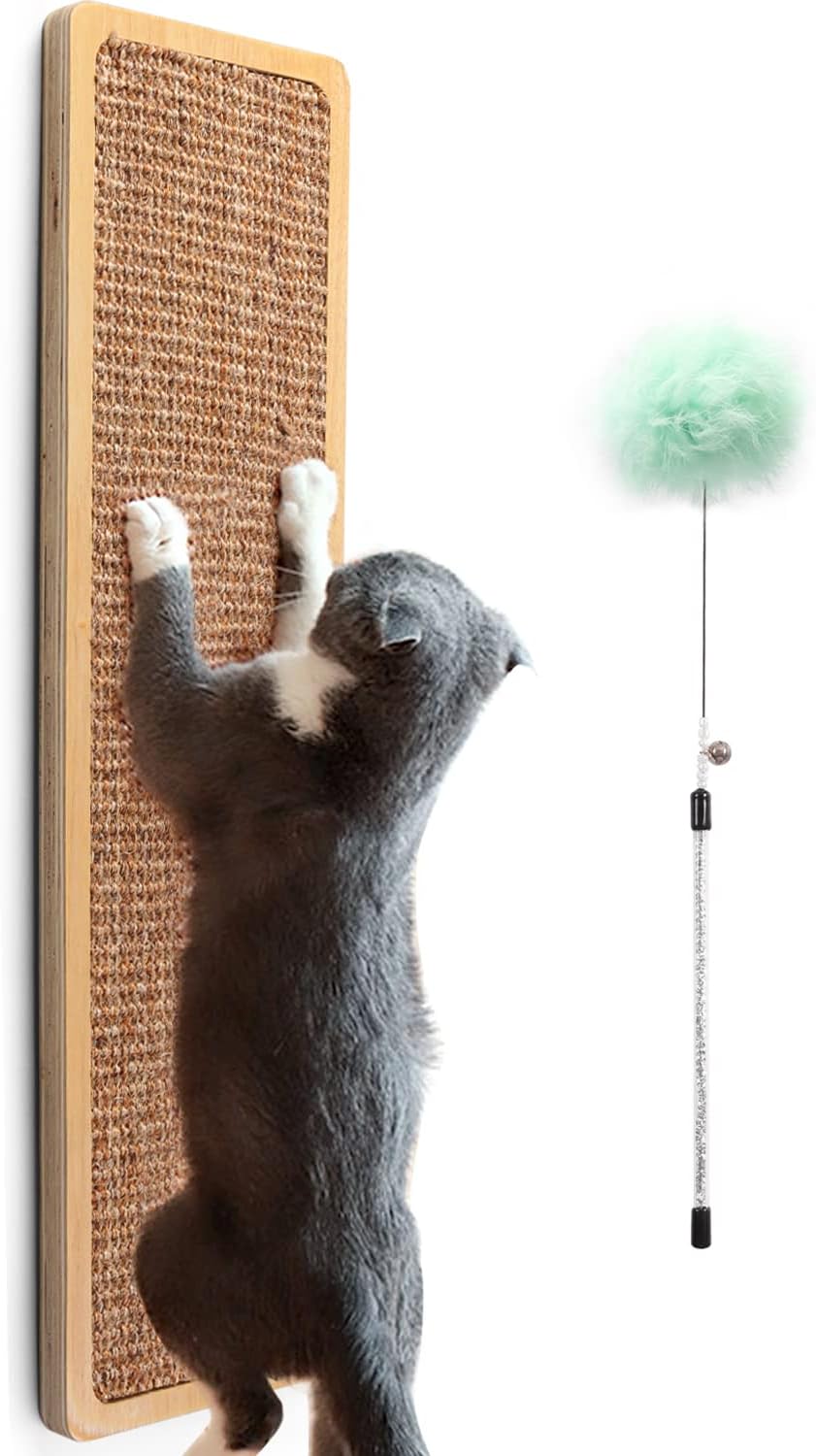 Odoland Wall Mounted Sisal Cat Scratching Post with Cat Wand, Indoor Wooden Natural Sisal Scratcher Board for Kitty, Modern and Cnte Wall Furniture Scratch Deterrent Pad for Cats