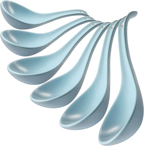Miniatura 7 de Wareland Juego de 6 cucharas de sopa asiáticas de 6.75 pulgadas, cucharas de sopa chinas de cerámica ultrafinas, cuchara de sopa japonesa verde para