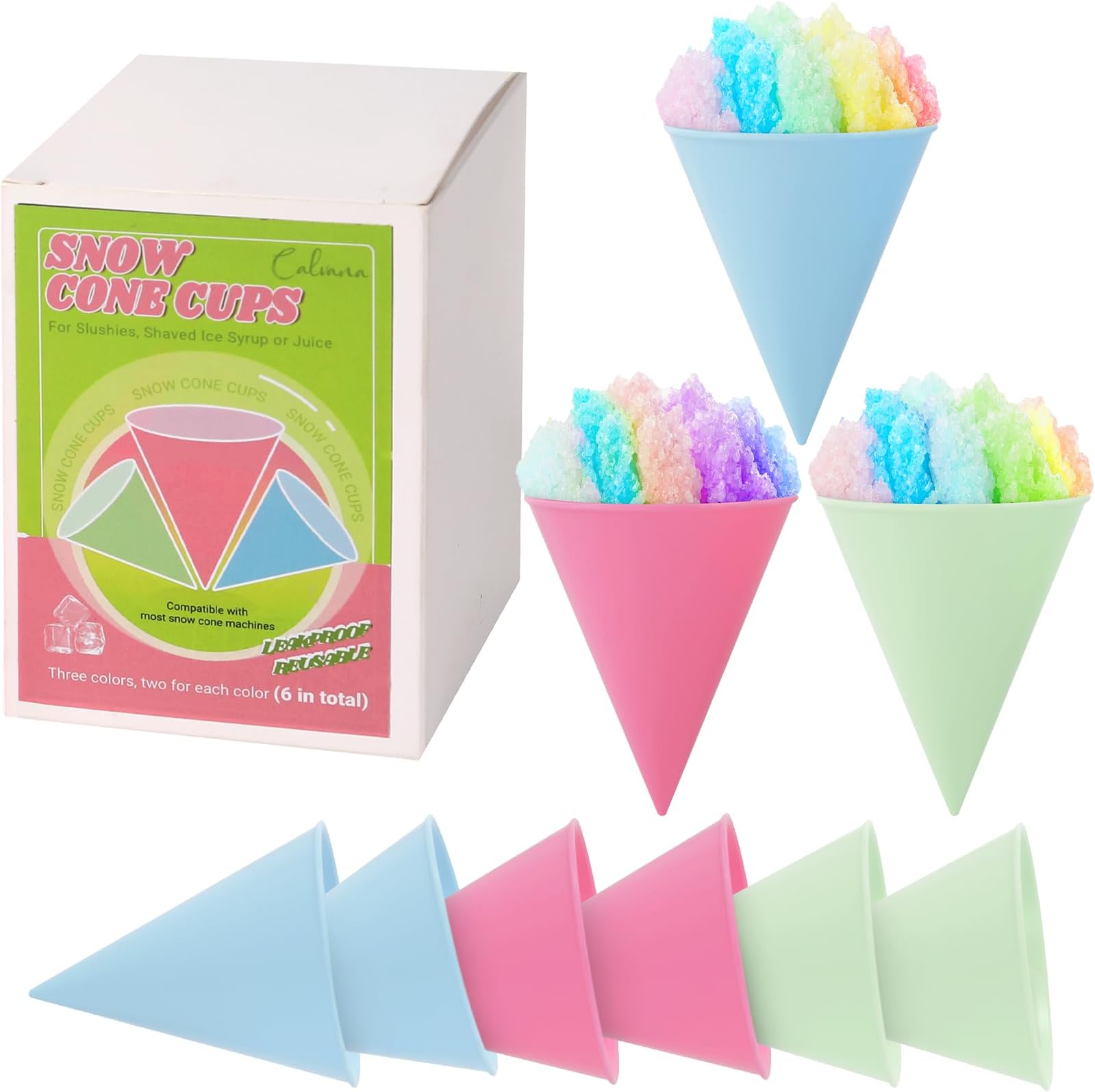 (6-Pack) Reusable Plastic Snow Cone Cups, Compatible with Nostalgia and Cuisinart Snow Cone Machine, Shaved Ice Cups for Syrup, Kid-Friendly, 6oz