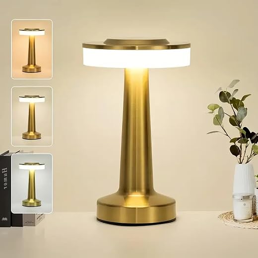 NIRDAMBHAY Big Round Gold Metal LED Table Lamp with Touch Sensor Rechargeable 1200 mAh Battery Dimmable 3 Light Color Tuna...