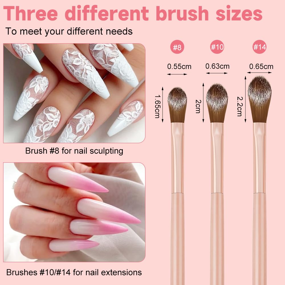 Pinceles Para Uñas,3PCS Pincel Para Uñas De Acrílico,Plumas De Arte De Uñas,Herramientas De Manicura Para Diy Diseño De Uñas,Diseño De Uñas En Gel y Manicura Profesional,Rosa