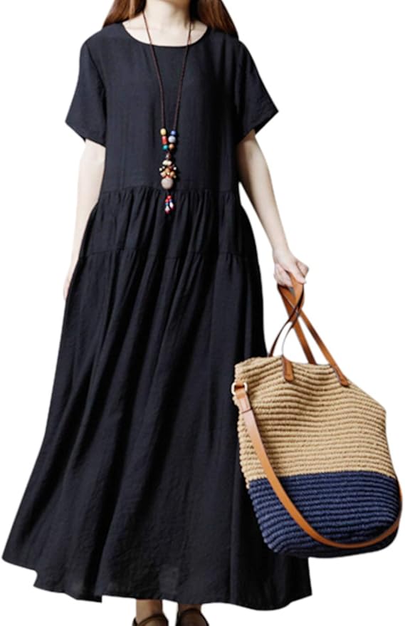 Amazon Co Jp Vigor Girls リネンワンピース ロング丈 ワンピース チュニック レディース マキシワンピース 森ガールワンピース 着痩せ 体型カバー 長袖 春 秋 夏 リネンコクーンロング 普段着 通勤 服 ファッション小物